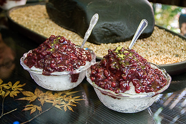 Korean Red Bean Bingsu on shaved ice with matcha powder