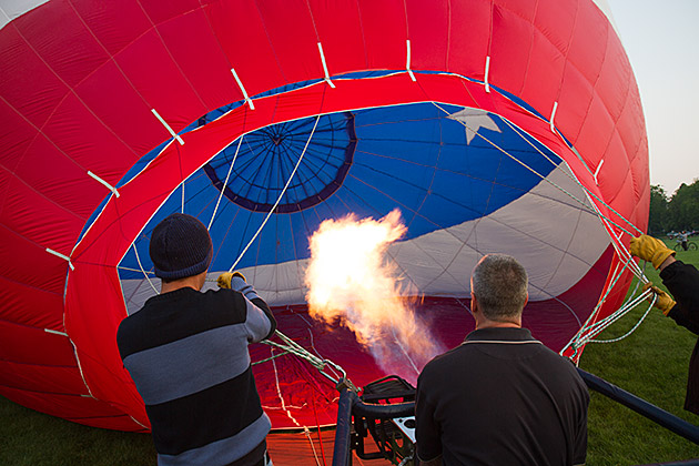 Filling hot air balloon with hot hair burner