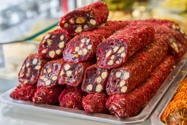 Red turkish delight with almonds