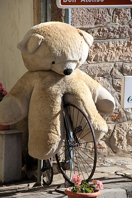 Stuffed bear riding a bike