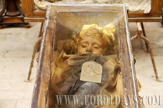 Rosalia Lombardo mummy in glass coffin in Palermo, Italy