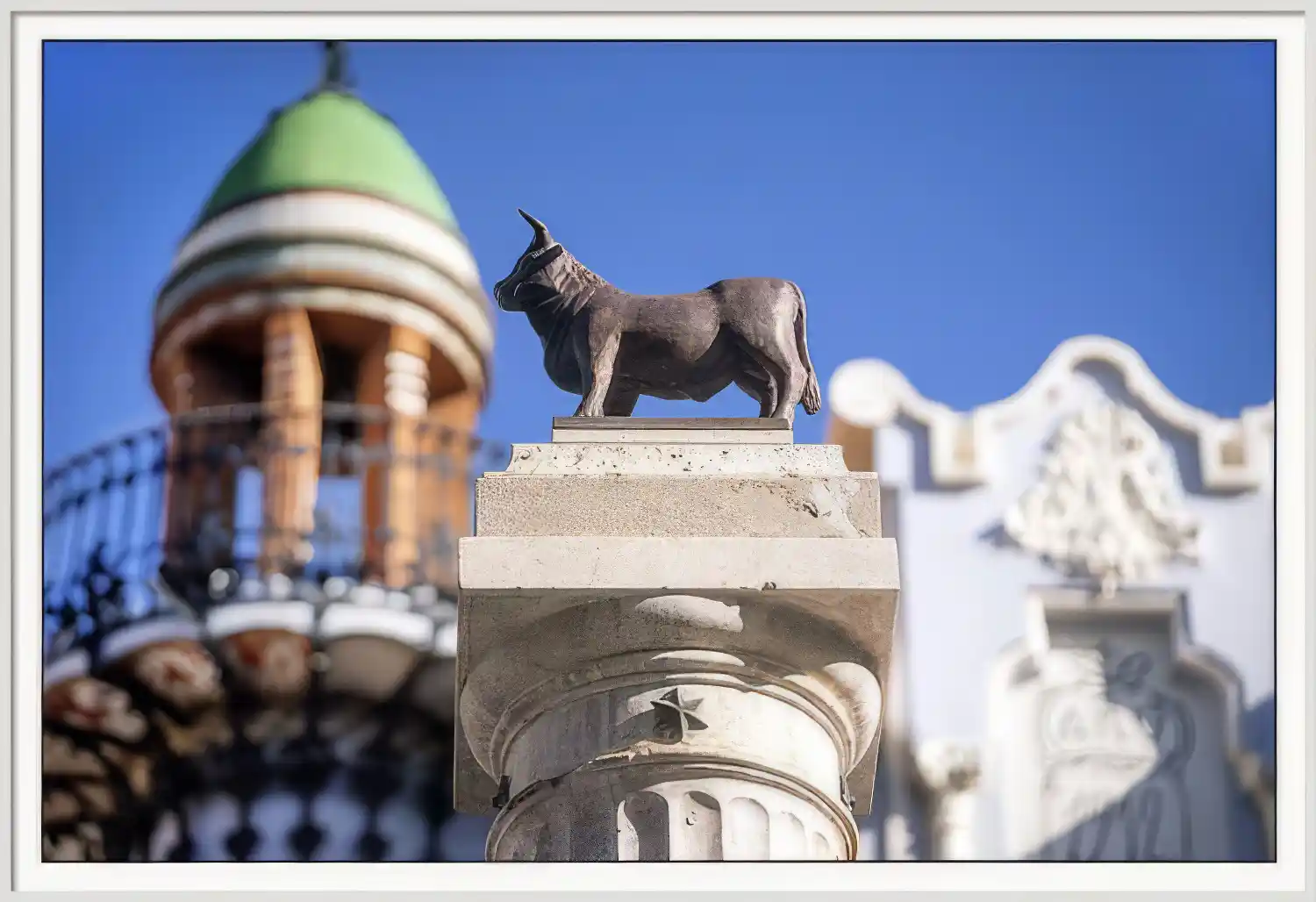 Framed photo of a bull statue from Teruel