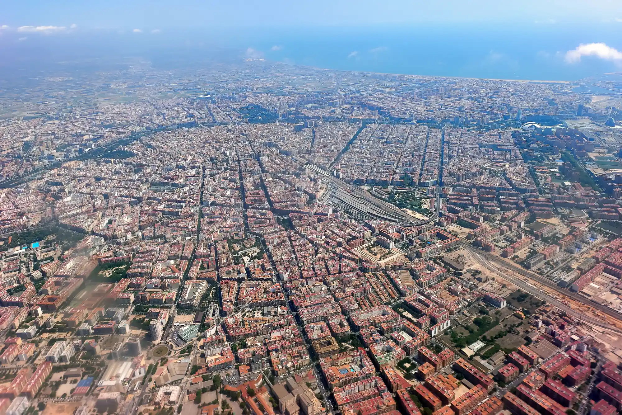 Flight over Valencia City Center with the Turia Park