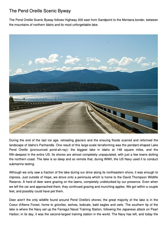 A page from our Idaho book about the Pend Oreille Scenic Byway