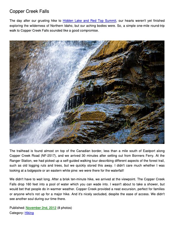 A page from our Idaho book about Copper Creek Falls
